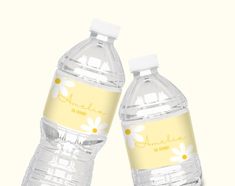 Daisy Editable Water Bottle Label Template | Instant Download | Yellow Daisy Flower Themed Party | 1st Birthday | Any Age | Canva