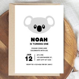 Koala Editable Invitation Template | Minimalistic Digital Invite | Printable Party Invitation | Koala Themed Party | 1st Birthday | Canva
