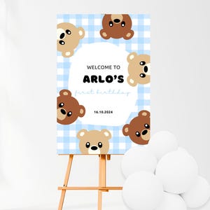 Bear Party Welcome Sign Printable | Canva Editable Template | Instant Download | Teddy Bear Picnic | Beary 1st Birthday | Blue Gingham