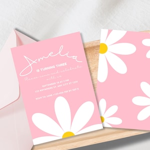 Modèle d&#39;invitation modifiable Daisy | Invitation numérique | Invitation de fête imprimable | d&#39;anniversaire sur le thème de la marguerite | 1er anniversaire