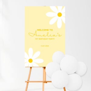 Cartello di benvenuto per festa a margherita stampabile / Modello modificabile / Download immediato / Festa a tema fiore margherita / 1° compleanno / Floreale giallo