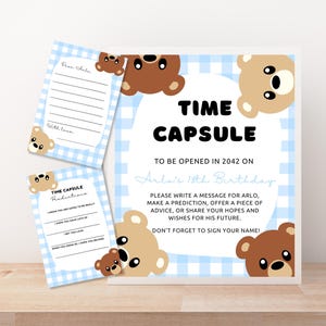 Bear Editable Time Capsule Template | Digital Instant Download | Printable |Teddy Bear Picnic Themed First 1st Birthday Party |Blue Gingham