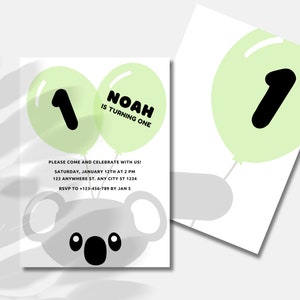 Koala Editable Invitation Template | Balloons | Digital Invite | Printable Party Invitation | Koala Themed Party | 1st Birthday | Canva