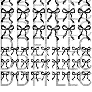 May include: A pattern of black bows with gray shading, arranged in rows against a white background. The word "DELICATE" is faintly visible in the background, adding a subtle design element.