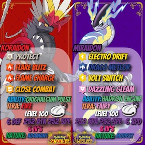 Op de afbeelding: Een afbeelding met twee Pokémon-personages, Koraidon en Miraidon, met hun vaardigheden en statistieken. Koraidon is rood en zwart, terwijl Miraidon paars en geel is. De afbeelding bevat tekst zoals "Protect", "Flare Blitz" en "Level 100".