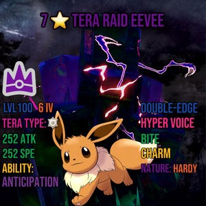 May include: A 7-star Tera Raid Eevee with a brown and tan fur color. The Eevee is a level 100 Pokemon with 6 IVs. The Eevee's Tera type is Fairy. The Eevee has 252 attack and 252 speed. The Eevee's ability is Anticipation. The Eevee's moves are Double-Edge, Hyper Voice, Bite, and Charm. The Eevee's nature is Hardy.
