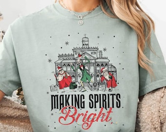 Vintage Hitchhiking Ghost Making Spirits Bright T-shirt, Disney Haunted Mansion Christmas Shirt, Mickey's Very Merry Christmas Party 2024