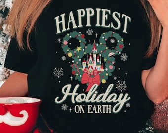 Mickey Christmas Wreath Fantasyland Castle Happiest Holiday On Earth T-shirt, Cute Disney Xmas Shirt, Mickey Merry Party, Disneyland Holiday