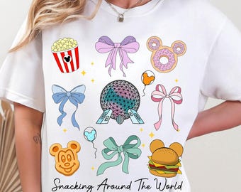 Disney Epcot Snacking Around The World Shirt, Food Snacks Festival Coquette Bow T-Shirt, Disneyland Family Trip Outfit, Magic Kingdom