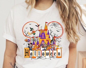 Vintage Mickey Friends Halloween Costume Disney Castle T-shirt, Mickey Ears Balloon Disney Fall Season T-shirt, Disney Halloween Night Party