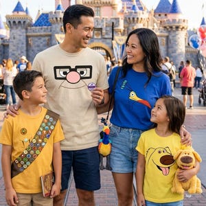 May include: A family wearing Disney-themed apparel: a beige t-shirt with Carl Fredricksen's glasses, a blue t-shirt with Kevin the bird, a yellow t-shirt with a Wilderness Explorer sash, and a yellow t-shirt with Dug the dog graphic.