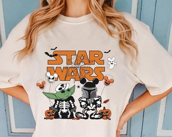 Baby Yoda Mandalorian Skeleton Costume Shirt, Jack Skellington Balloon Disney Star Wars Halloween Shirt, Mickey Not So Scary Halloween Party
