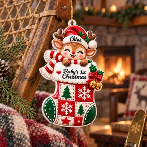 May include: A Christmas ornament shaped like a reindeer wearing a red hat and scarf, peeking out of a red and white stocking. The stocking features a checkered pattern with green trees, white snowflakes, and a red star, with the text Chloe and Baby's 1st Christmas.