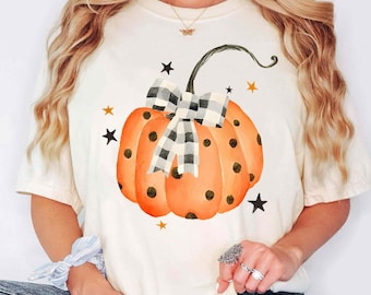 Retro Fall Pumpkin Bow Comfort Colors Shirt, Autumn Coquette T-shirt, Happy Fall Y'All Pumpkin T-shirt, Halloween Gift For Women, Fall Vibes