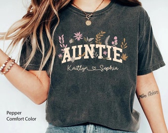 Custom Auntie With Kid Name Wildflower Comfort Colors T-shirt, Floral Boho Aunt Shirt, Mother's Day Gift From Niece Nephew, Auntie Birthday