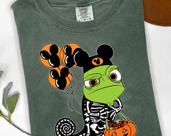 Tangled Pascal Skeleton Costume with Halloween Balloon Pumpkin Comfort Colors Shirt, Disney Halloween Party Shirt, Disneyland Spooky Season