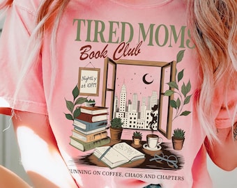 Retro Tired Moms Book Club T-shirt, Running On Coffee And Chaos Chapters Shirt, Funny Exhausted Mom Reader Tee, Book Lover Tee, Gift For Her