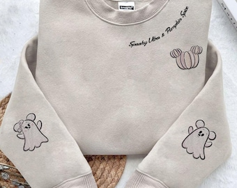 Embroidered Mickey Minnie Ghost Pumpkin Boo Sweatshirt, Spooky Vibes And Pumpkin Spice Sweater, Disney Mickey's Not So Scary Party Outfit