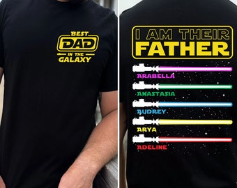 Two Sided I Am Their Father Lightsaber With Custom Kid Name Comfort Colors Shirt, Star Wars Best Dad In Galaxy T-shirt, Dad Christmas Gift