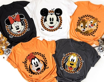 Vintage Disney Halloween Mickey And Friends Checkerboard Shirt / Mickey Minnie Donald Chip Dale Goofy / Disneyland Halloween Party Vacation