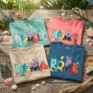 Chemise personnalisée La petite sirène aux couleurs confort assorties, t-shirt familial papa et maman, plie Ariel Ursula, fête des mères, cadeau fête des pères