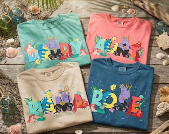 Custom The Little Mermaid Matching Comfort Colors Shirt,  Mom Dad Family Tee, Ariel Ursula Flounder, Mother's Day, Father's Day Gift