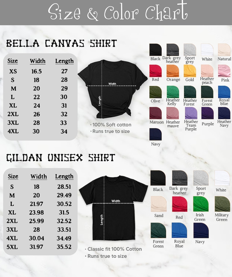 May include: Size chart for Bella Canvas and Gildan unisex t-shirts. The chart shows the width and length measurements in inches for each size, from XS to 5XL. The chart also includes a list of available colors for each brand.