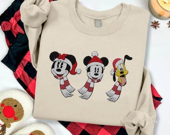Embroidered Mickey Minnie Pluto Christmas Crew Sweatshirt, Disney Christmas Friends Embroidery , Mickey Very Merry Party, Disneyland Holiday