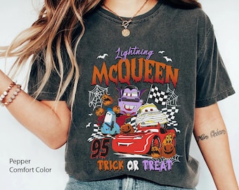 Cars Halloween Trick Or Treat Comfort Colors T-shirt, Vintage Disney Lightning Mcqueen Halloween Party Shirt, Disneyland Spooky Season Gift