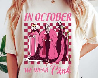 Vintage Disney Villains In October We Wear Pink T-shirt, Cruella Evil Queen Maleficent Checkered T-shirt, Breast Cancer Awareness Shirt
