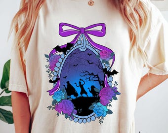 Retro The Hitchhiking Ghosts Coquette Bow Floral T-shirt, Welcome Foolish Mortals Tee, Disney Spooky Season Tee, The Haunted Mansion Shirt