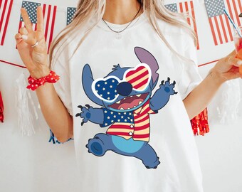 Stitch Patriotic Sunglass Hawaii Comfort Colors T-shirt, 4th Of July Lilo & Stitch T-shirt, Disney Independence Day, Disneyland Family Trip