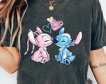 Disney Stitch And Angel Couple Watercolor Brush T-shirt, Lilo And Stitch Shirt, Funny Stitch Shirt, Disney Couple Tee, Gift For Couple