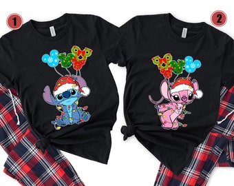 Stitch And Angel Xmas Balloon Light Comfort Colors Shirt, Lilo & Stitch, Disney Christmas Couple Matching T-shirt, Mickey Merry Party Gift