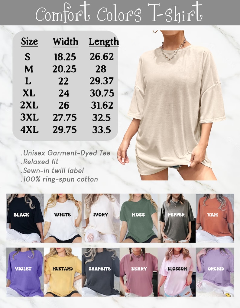 Op de afbeelding: Een tabel met de maat-, breedte- en lengtemaat van een unisex T-shirt in inches. De tabel toont maten S tot en met 4XL. Onder de tabel staat een beschrijving van het T-shirt: Unisex Garment-Dyed Tee, Relaxed fit, Ingenaaid keperlabel, 100% ringgesponnen katoen. Onder de beschrijving staan 12 verschillende kleuropties voor het T-shirt: Zwart, Wit, Ivoor, Mos, Peper, Yam, Violet, Mosterd, Grafiet, Bes, Bloesem en Orchidee.