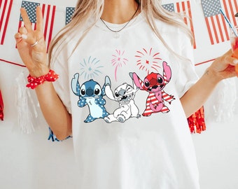 Retro Stitch USA Flag Comfort Colors T-shirt, Lilo & Stitch Disney 4th of July Shirt, Independence Day, Patriotic Gift, Disneyland Trip