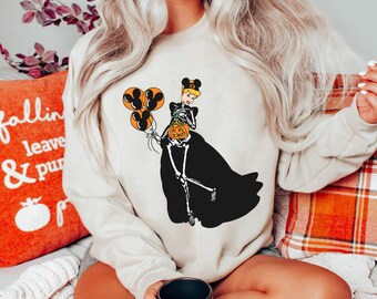 Cinderella Princess Skeleton Costume with Halloween Balloon Pumpkin Comfort Colors T-shirt, Disney Halloween Girl Shirt, Spooky Season Gift