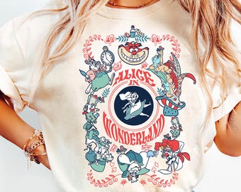 Retro 70s Alice In Wonderland Card Style Mashup Shirt, Disney Cheshire Cat White Rabbit Mad Hatter Tee, Disneyland Family Crew Matching
