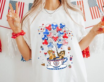 Chip n Dale Patriotic Mickey Balloon Tea Cup Comfort Colors Shirt, Disney Happy 4Th Of July T-shirt, Disneyland America Independence Day