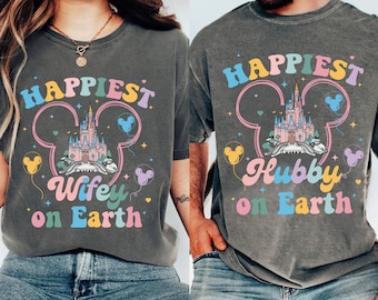 Vintage Groovy Happiest Hubby Wifey On Earth Couples Comfort Colors Shirt, Disney Mickey Castle T-shirt, Disneyland Couple Trip Matching
