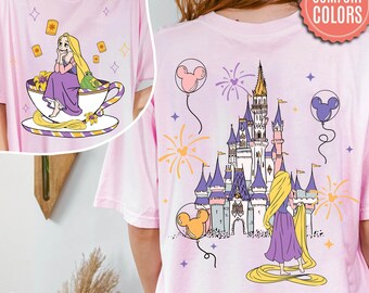 Two Sided Princess Rapunzel Mad Tea Cup Party Shirt, Disney Tangled Balloon Castle Tee, Gift For Besties, Disneyland Girl Trip Matching