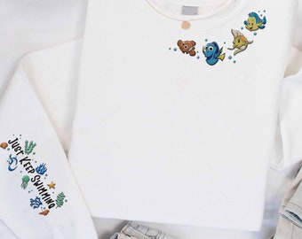 Embroidered Nemo Dory Cleo Flounder Just Keep Swimming Sweatshirt,  Fish Embroidery Sweater, Magic Kingdom, 2024 Family Trip