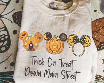 Funny Mickey Pumpkin Trick On Treat Down Main Street T-shirt, Disney Tis The Season Coquette Bow Shirt, Disney Halloween Family Trip Tee