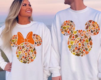 Vintage Minnie Mickey Fall Couple Matching T-shirt, Mouse Head And Ears Icon Autumn Leaves Tee, Disney Thanksgiving Gift, Gift For Couple