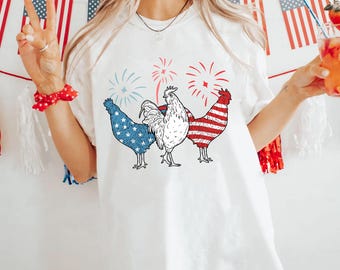 Funny 4th of July Animal Chicken USA Flag T-shirt, Independence Day 2025 Gift, Patriotic USA Shirt, Chicken Fireworks Tee, USA Holiday Shirt