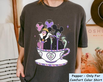 Retro Maleficent Evil Queen Mickey Balloon Tea Cup Comfort Colors T-shirt, Disney Villains Vacay Mode Shirt, Disneyland Friends Trip Shirts