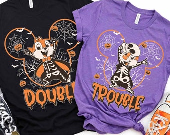 Chip n Dale Skeleton Mickey Ears Double Trouble Halloween Comfort Colors Shirt, Disney Couple Matching Tee, Spooky Season, Halloween Party