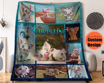 Custom Cute Pua Pig Moana Fleece Blanket,  Blanket For Kid Baby Adult,  Themed Bedding, Home Decor, Personalized Christmas Gift