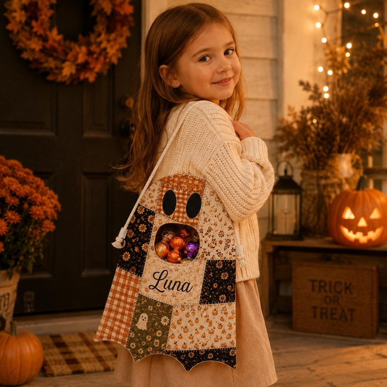 K&ouml;nnte beinhalten: Eine geisterf&ouml;rmige S&uuml;&szlig;igkeitentasche aus Patchwork-Stoff in Orange-, Braun- und Cremet&ouml;nen. Die Tasche hat einen ausgeschnittenen Mund gef&uuml;llt mit verpackten S&uuml;&szlig;igkeiten, schwarze Filzaugen und den Namen Luna in schwarzer Schrift auf der Vorderseite.