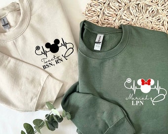 Custom Embroidered Mickey Minnie Nurse Sweatshirt,  Nurse's Day 2024 Embroidery Sweater, Nurse Graduation Gift, Nurse Appreciation